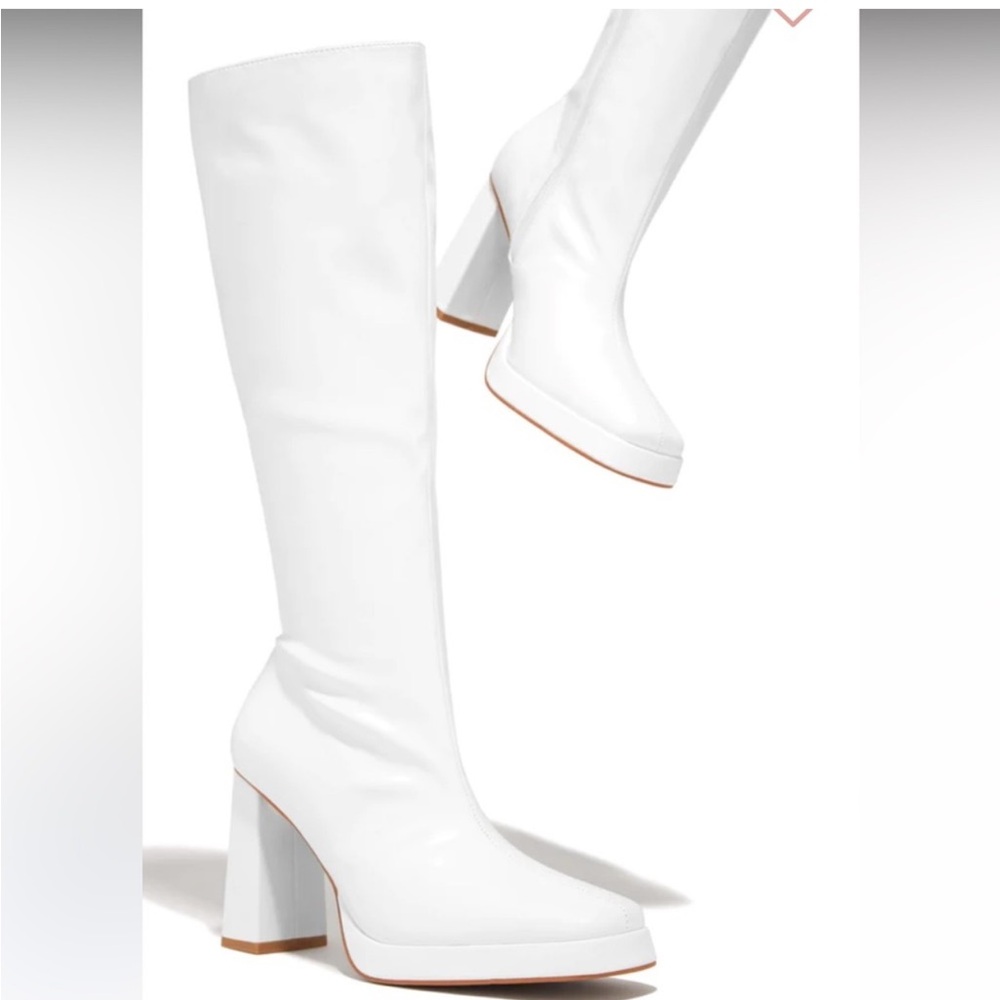 White knee high PLATFORM BLOCK HEEL BOOTS